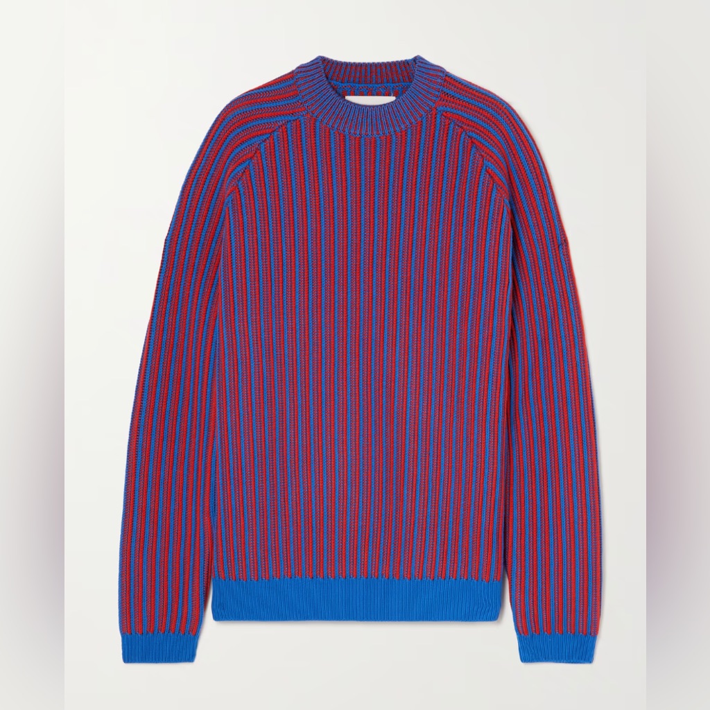 King & Tuckfield Striped Merino Wool Two Tone Sweater In Red/Blue (Size L)